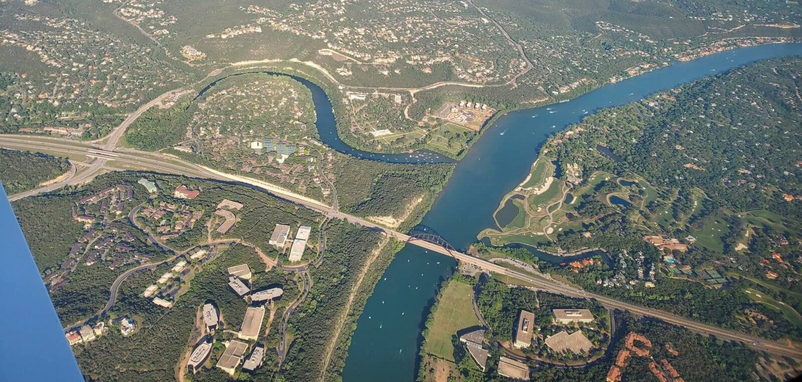 Arial view of Lake Austin, Texas where Wake Riderz provides highly rated boat rental Lake Austin services.